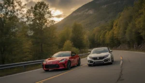 Toyota GR86 rouge et Honda Civic Type R blanche sur une route de montagne sinueuse, lumière dorée, photographie réaliste