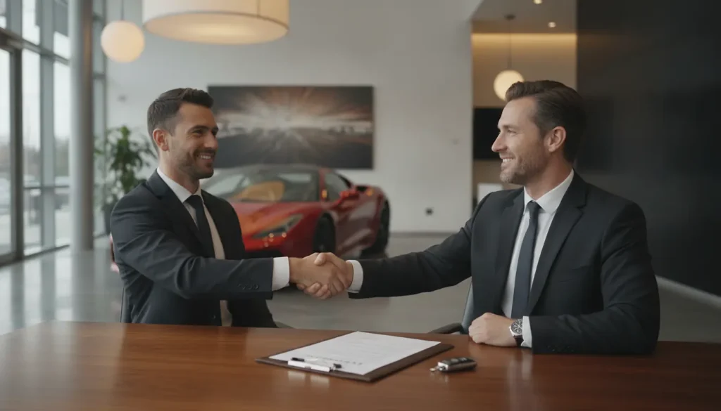 Client et vendeur se serrant la main dans un showroom automobile moderne, contrat et clés sur le bureau