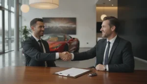 Client et vendeur se serrant la main dans un showroom automobile moderne, contrat et clés sur le bureau