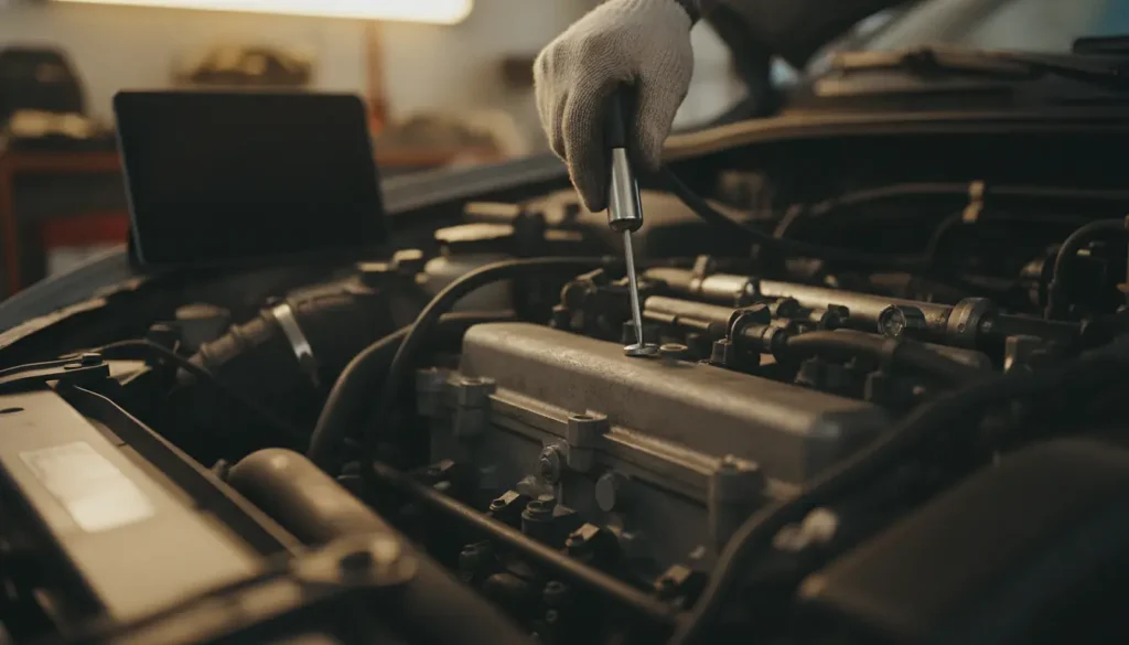 Mécanicien examinant un moteur de voiture ouvert avec un stéthoscope de diagnostic