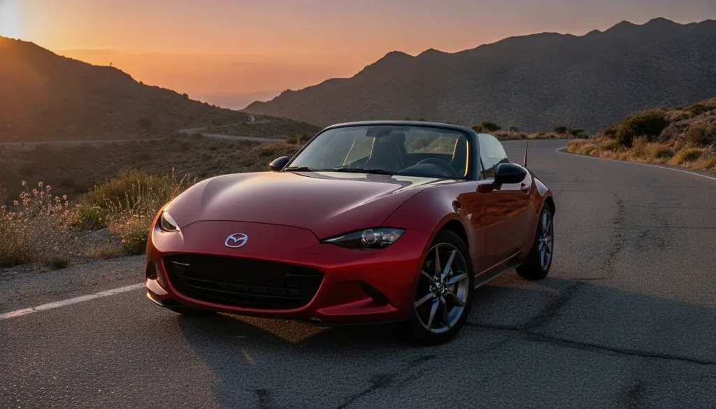 Mazda MX-5 rouge sur une route de montagne au coucher du soleil