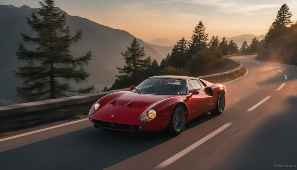 Voiture sportive rouge sur route sinueuse de montagne, lumière naturelle dorée, photographie réaliste