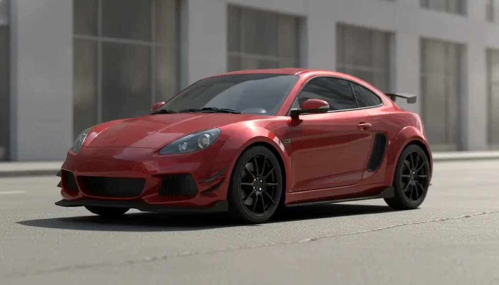 Voiture sans permis sportive rouge vue de trois quarts avant avec jantes noires mates et kit carrosserie racing