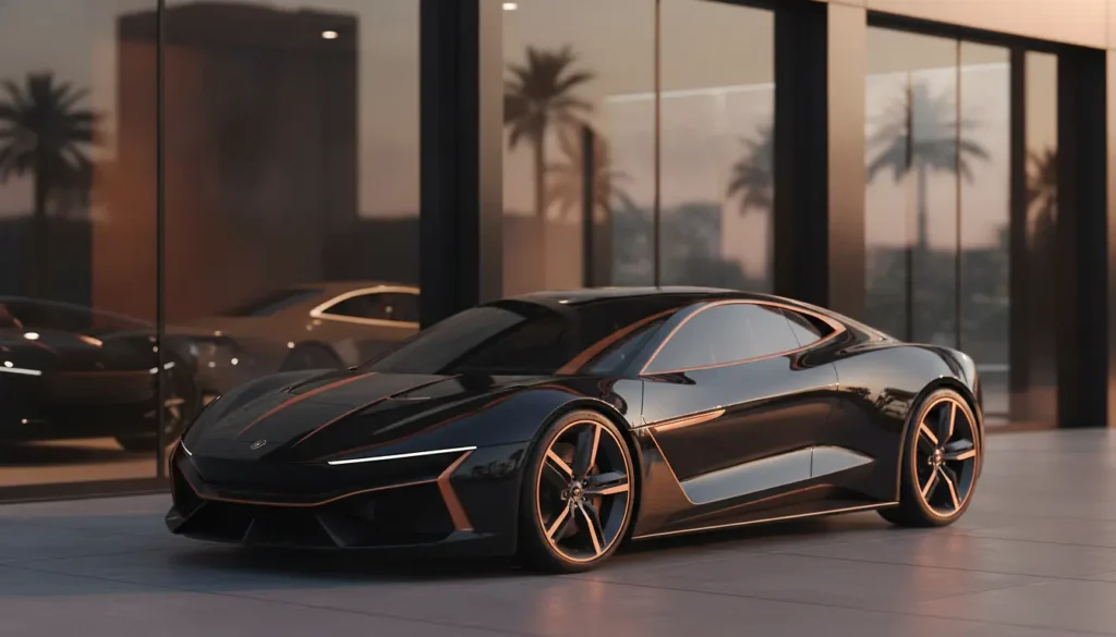 Voiture de sport garée devant une concession automobile illustrant le choix entre LOA et LLD