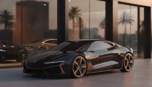Voiture de sport garée devant une concession automobile illustrant le choix entre LOA et LLD