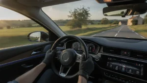 Conducteur effectuant un essai auto depuis l'intérieur d'une voiture sur route ouverte, tableau de bord visible, paysage en mouvement flou