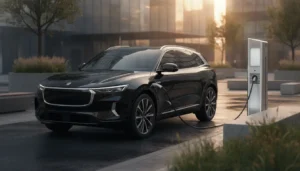 SUV électrique premium noir branché à une borne de recharge publique en zone urbaine au coucher du soleil