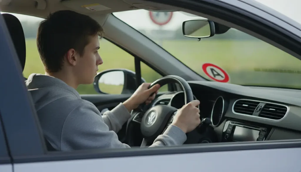 Jeune conducteur au volant avec disque A visible sur la vitre arrière