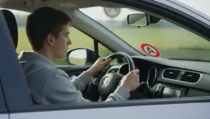 Jeune conducteur au volant avec disque A visible sur la vitre arrière