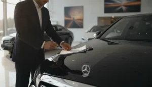 Signature du contrat de rachat d'un véhicule premium chez le concessionnaire