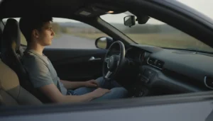 Jeune conducteur au volant d'une voiture de sport, ambiance habitacle premium