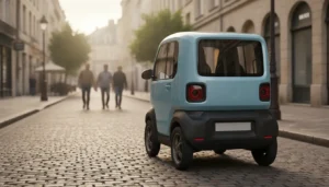 Petit quadricycle électrique urbain biplace garé dans une rue pavée de centre-ville
